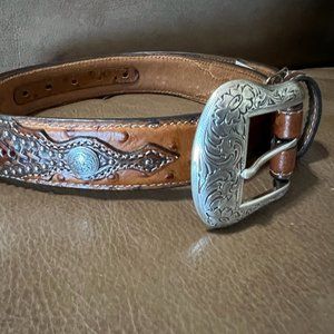 NOCONA Western Belt Mens Leather Ostrich Overlay Brown, Size 36, Like New.